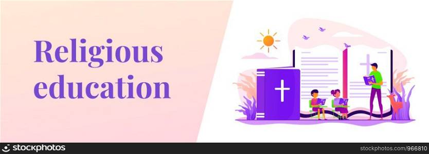Children studying christianity. Teacher and kids in christian camp reading bible. Religious summer camp, faith based camp, religious education concept. Header or footer banner template with copy space.. Religious summer camp web banner concept