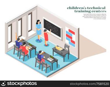 Children technical training center classroom interior isometric composition with binary codes computer programming beginners class vector illustration