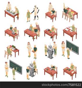 Children technical training centers isometric set with robotic systems programming assembling chemistry classes recolor isolated vector illustration