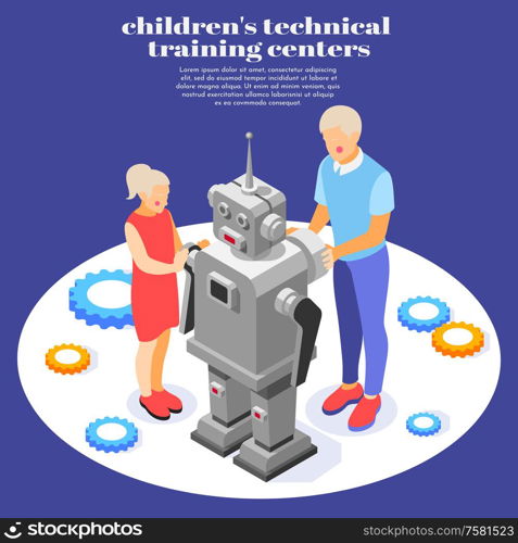 Children technical training on programmable robot assembling with adults help isometric educational center background poster vector illustration