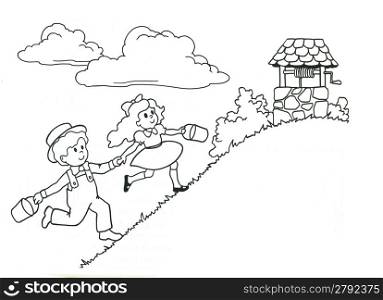 Children the boy and the girl run behind water to a well a vector