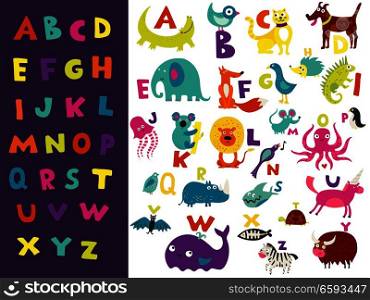 Children toddlers preschoolers abc learning set with bright colorful eye catching letters and funny animals vector illustration . Children Alphabet Bright Set