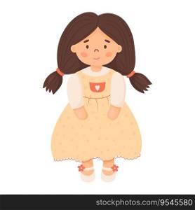 Children toy doll. Cute girl with hairstyle ponytails in yellow dress. Vector illustration in cartoon style. kids collection
