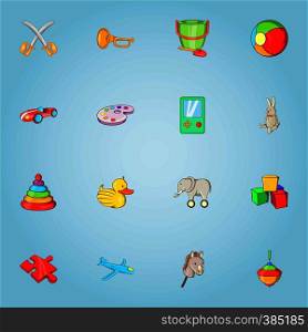 Children toy icons set. Cartoon illustration of 16 children toy vector icons for web. Children toy icons set, cartoon style
