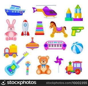 Children toys. Guitar and car, train and whirligig, bear and hare, helicopter and ball, rocket and ship, rattle kids toy vector set. Illustration ball and bear, car and whirligig toys. Children toys. Guitar and car, train and whirligig, bear and hare, helicopter and ball, rocket and ship, rattle kids toy vector set