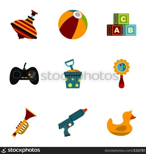 Children toys icons set. Flat set of 9 children toys vector icons for web isolated on white background. Children toys icons set, flat style