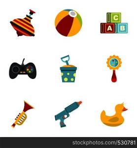 Children toys icons set. Flat set of 9 children toys vector icons for web isolated on white background. Children toys icons set, flat style