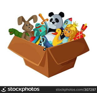 Children toys in cardboard box. Funny vector illustration isolate on white background. Baby toys rocket and soldier in box, dinosaur and sword toys. Children toys in cardboard box. Funny vector illustration isolate on white background