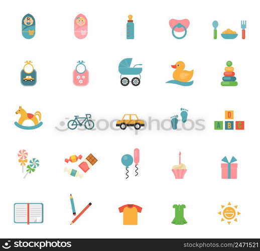 Children toys in flat style. Set of icons on a theme of infants and their accessories. Vector illustration