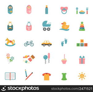 Children toys in flat style. Set of icons on a theme of infants and their accessories. Vector illustration