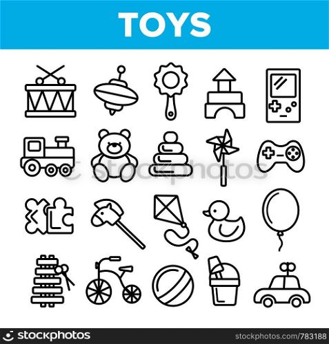 Children Toys Linear Vector Icons Set. Toys Thin Line Contour Symbols Pack. Kids Entertainment Pictograms Collection. Baubles, Playthings. Plush Teddy Bear, Car, Ball, Puzzle Outline Illustrations. Children Toys Linear Vector Thin Icons Set