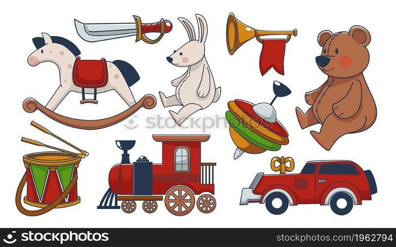 Children toys made of wooden and textile material, vintage or retro style of horse and plush bear and bunny, trumpet with ribbon and drum, train and clockwork car, colorful yoyo. Vector in flat style. Toys for children, plush and wooden materials
