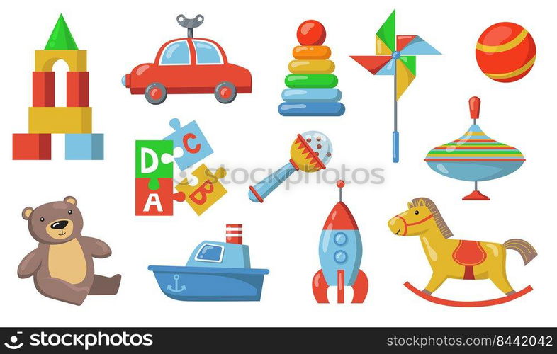 Children toys set. Colorful plastic submarine, car, spaceship, teddy bear, puzzle constructor, rattle ball. Isolated vector illustration for childhood, toddler age, baby care concepts