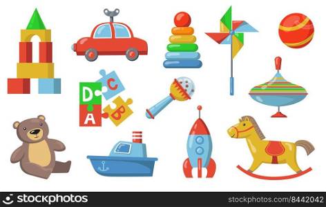 Children toys set. Colorful plastic submarine, car, spaceship, teddy bear, puzzle constructor, rattle ball. Isolated vector illustration for childhood, toddler age, baby care concepts