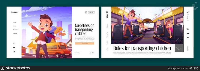 Children transporting rules and guideline landing pages. Funny little students sitting inside of school bus. Happy pupil boy waving hands. Safety for kids transportation, Cartoon vector web banners. Children transporting rules and guideline landing