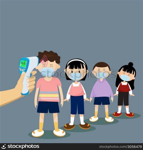 Children undergo body temperature tests. by Handheld thermometer When arriving at school, Before going to the classroom. Key tool The range outbreak control of the Covid-19. Is of the new normal.