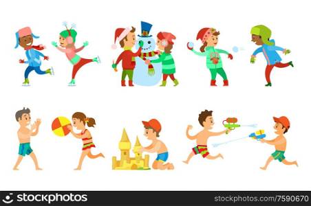 Children vacations in summer and winter vector, kids building snowman and sand castle, playing water fight and snowball battle. Volleyball on beach. Winter and Summer Holidays Kids Outdoor Activities