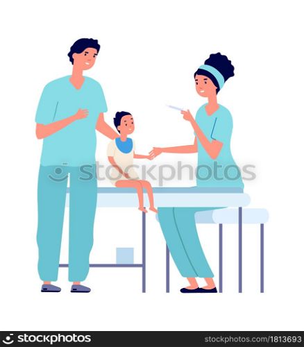 Children vaccination. Baby and nurse with syringe, coronavirus or flu medications. Healthcare vector illustration. Vaccination injection, healthcare disease immunization. Children vaccination. Baby and nurse with syringe, coronavirus or flu medications. Healthcare vector illustration