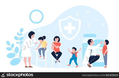 Children vaccination doctor and nurse. Kids receiving vaccine, immunization and treatment. Professional medical staff and patients recent vector concept. Illustration of medical vaccination. Children vaccination doctor and nurse. Kids receiving vaccine, immunization and treatment. Professional medical staff and patients recent vector concept