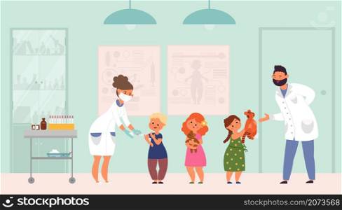 Children vaccination. Flat sick child, vaccinations flu or viruses. Hospital doctors, pediatrician and kids vaccinate vector illustration. Vaccination child virus, boy and girl queue for injection. Children vaccination. Flat sick child, vaccinations from flu or viruses. Hospital doctors, pediatrician and kids vaccinate decent vector illustration