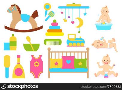 Children vector, plush horse on wooden stand, bowl with spoon. Crib cradle for kiddo with pillows, clothing and bottle, toys for abilities development. Baby with Duck in Soap Water and Kids Care Objects