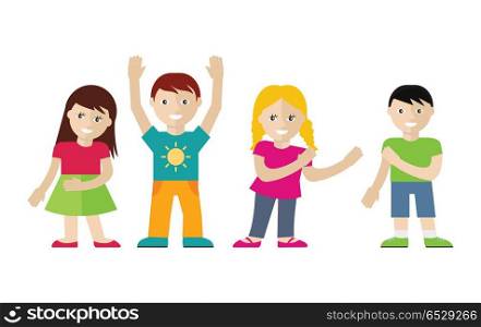 Children vector set in flat design. Smiling cute boys and girls in casual clothes. Illustration for childhood, fashion, human concept, app icon, logo, infographics design. Isolated on white background. Children Vector Illustration Set in Flat Style. Children Vector Illustration Set in Flat Style