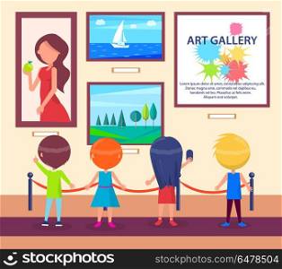 Children Visiting Art Gallery and Look at Pictures. Children visiting art gallery and looking at pictures. Vector colorful illustration in graphic design of small people developing mentally