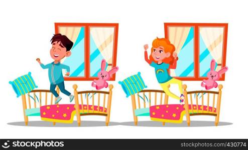 Children Waking Up Vector Cartoon Characters Set. Cheerful Kids Waking Up In Early Morning Isolated Cliparts Pack. Happy Boy And Girl Jumping On Beds. Siblings Room. Awakening Flat Illustration. Children Waking Up Vector Cartoon Characters Set