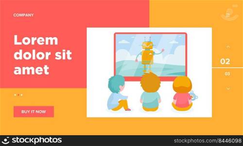 Children watching cartoon with robot. TV, screen, toy flat vector illustration. Childhood and digital technology concept for banner, website design or landing web page