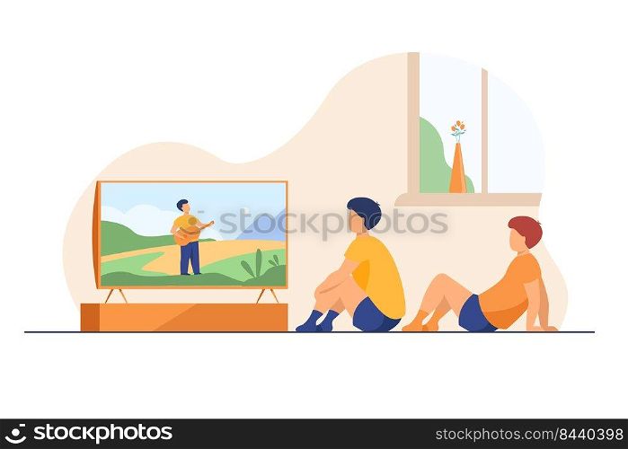 Children watching movie or show at home. Boys sitting at TV screen. Vector illustration for video, broadcasting, channel for kids concept