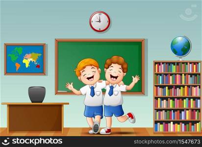 Children waving hand in the front of classroom with embrace each other