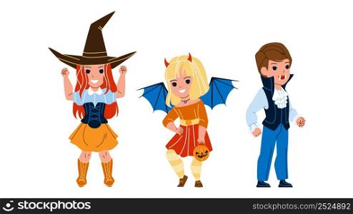 Children Wearing Halloween Festival Costume Vector. Boy In Dracula Suit, Girl Wear Witch And Demon Halloween Festive Suit. Characters Celebrate Holiday Togetherness Flat Cartoon Illustration. Children Wearing Halloween Festival Costume Vector