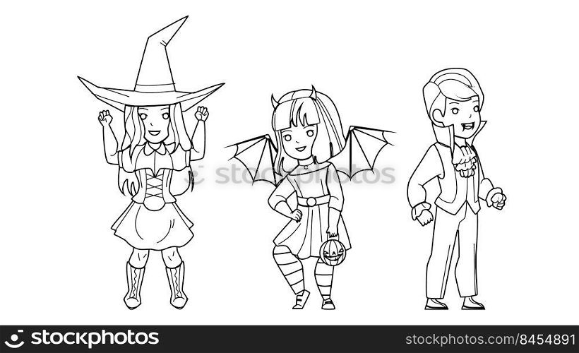 Children Wearing Halloween Festival Costume Vector. Boy In Dracula Suit, Girl Wear Witch And Demon Halloween Festive Suit. Characters Celebrate Holiday Togetherness black line illustration. Children Wearing Halloween Festival Costume Vector