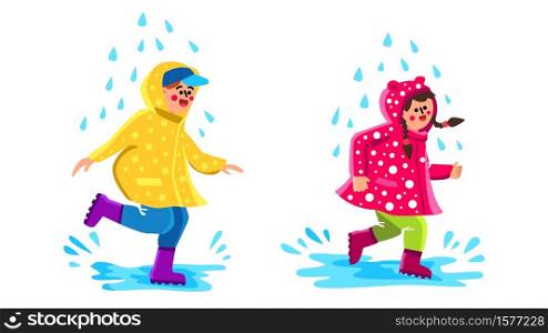 Children Wearing Raincoat Walking Puddles Vector. Happy Little Boy And Girl Wear Raincoat Walk And Run Rainy Weather Day. Characters Kids Rain Clothes Running And Jumping Flat Cartoon Illustration. Children Wearing Raincoat Walking Puddles Vector
