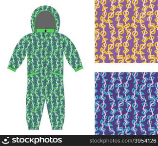 Children winter coverall template with an abstract pattern. Set of seamless textures for baby clothes. Geometric shapes background.&#xA;