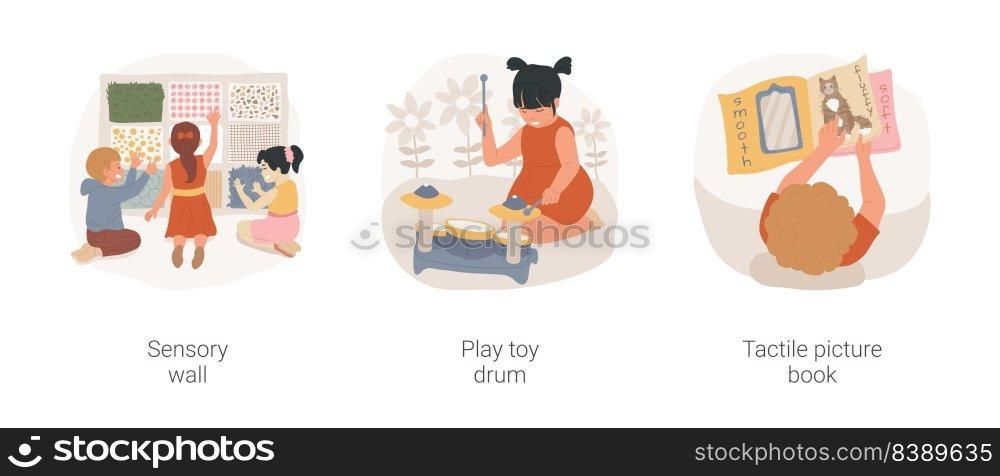 Children with autism sensory development isolated cartoon vector illustration set. Sensory wall, play toy drum, tactile picture book, fine motor skills, daycare center music therapy vector cartoon.. Children with autism sensory development isolated cartoon vector illustration set.