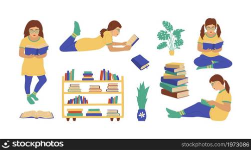 Children with book bundle. A young girl sitting and reading. Bookcase. Schoolgirl preparing for the exam. literature fans. Kid in different poses. School textbooks set. Vector illustration