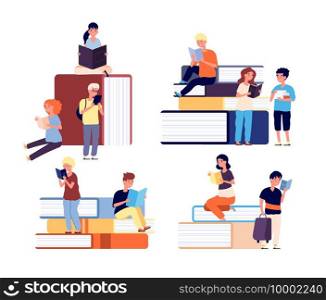 Children with books. Tiny school girls and boys with huge book. Kids with textbooks. Readers, education and learning vector concept. Illustration education boy and girl read school books. Children with books. Tiny school girls and boys with huge book. Kids with textbooks. Readers, education and learning vector concept