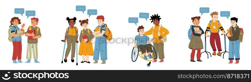 Children with disability among school friends. Flat vector illustration of happy handicapped kids in wheelchair or with crutches smiling, surrounded by nice boys and girls with books and backpacks. Children with disability among school friends