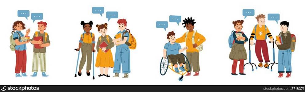 Children with disability among school friends. Flat vector illustration of happy handicapped kids in wheelchair or with crutches smiling, surrounded by nice boys and girls with books and backpacks. Children with disability among school friends