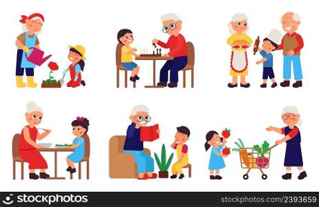 Children with grandparents. Cartoon grandparent spend time with grandchildren. Cute grandson and granny, elderly people family vector set. Illustration of child and grandparents, grandmother happiness. Children with grandparents. Cartoon grandparent spend time with grandchildren. Cute grandson and granny, elderly people family decent vector set