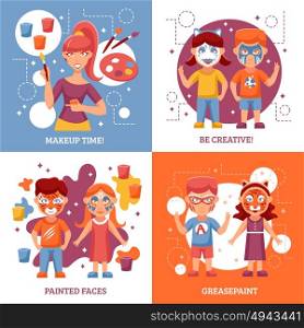 Children With Painted Faces Concept Icons Set . Children With Painted Faces Concept. Party With Greasepaint Vector Illustration. Painted Faces Flat Icons Set. Greasepaint For Kids Design Set. Makeup For Children Isolated Elements.