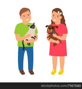 Children with pets. Cartoon kids love dog and cat vector illustration, girl and boy with cute animals isolated on white background. Children with pets