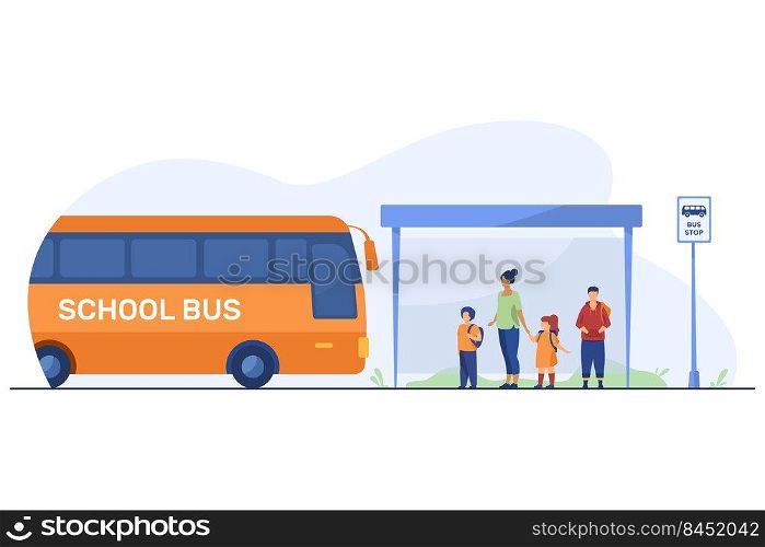 Children with teacher waiting for bus at bus stop. School, vehicle, kid flat illustration. Transportation and education concept for banner, website design or landing web page
