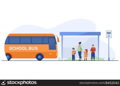 Children with teacher waiting for bus at bus stop. School, vehicle, kid flat illustration. Transportation and education concept for banner, website design or landing web page