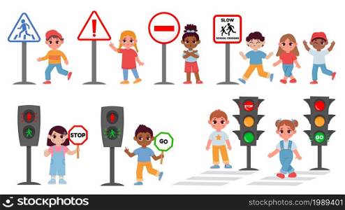 Children with traffic light and caution sign, road safety rules. Cartoon school kid crossing street crosswalk. Pavement education vector set. Pupils crossing pedestrian area, little characters. Children with traffic light and caution sign, road safety rules. Cartoon school kid crossing street crosswalk. Pavement education vector set
