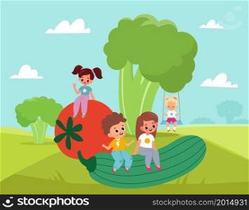 Children with vegetables. Kids entertainment and leisure. Tiny boys and girls play outdoor. Big tomato cucumber and celery. Health natural vegetarian food. Babies organic nutrition. Vector concept. Children with vegetables. Kids entertainment and leisure. Boys and girls play outdoor. Big tomato cucumber and celery. Health vegetarian food. Babies organic nutrition. Vector concept