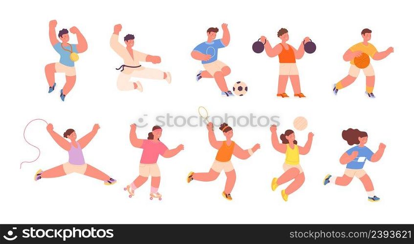 Children workout. Kid sport, wellness and physical health. Child fitness athlete. Isolated cartoon kids wear athletic suits and doing exercises vector set. Illustration of children training exercise. Children workout. Kid sport, wellness and physical health. Child fitness athlete. Isolated cartoon kids wear athletic suits and doing exercises utter vector set