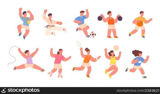 Children workout. Kid sport, wellness and physical health. Child fitness athlete. Isolated cartoon kids wear athletic suits and doing exercises vector set. Illustration of children training exercise. Children workout. Kid sport, wellness and physical health. Child fitness athlete. Isolated cartoon kids wear athletic suits and doing exercises utter vector set