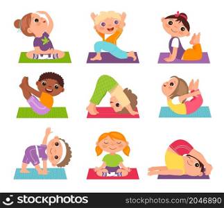 Children yoga. Funny boys and girl in different poses, sportive kids, training and stretching, healthy lifestyle, young athletes, harmony healthy lifestyle, vector cartoon flat style isolated set. Children yoga. Funny boys and girl in different poses, sportive kids, training and stretching, healthy lifestyle, harmony healthy lifestyle, vector cartoon flat style isolated set